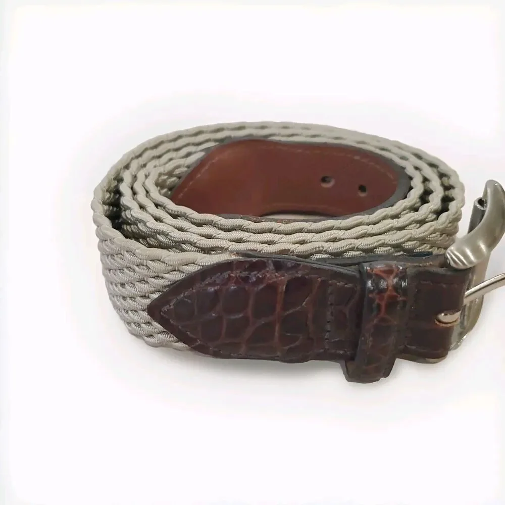 Crookhorn Woven Stretch Leather Belt Mens 44 Brown Beige Handmade USA